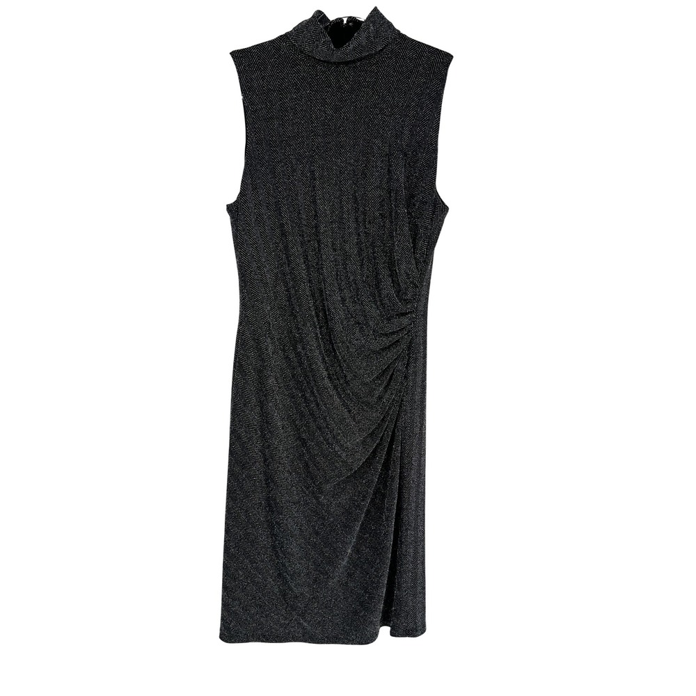 Lauren Ralph Lauren Black Silver Herringbone Mock Neck Ruched Sheath Dress 14